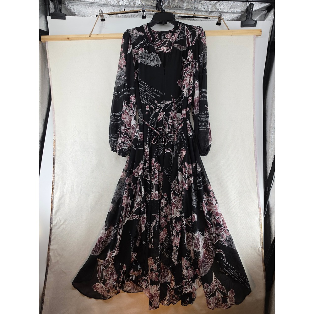 White House Black Market Botanical Script Maxi Dress Black Burgundy Size 12